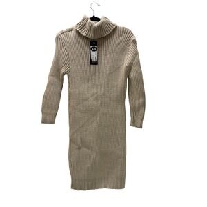 Stylewise Harper Sweater Dress Beige Ribbed Knit Turtleneck Long Sleeve S/M NEW